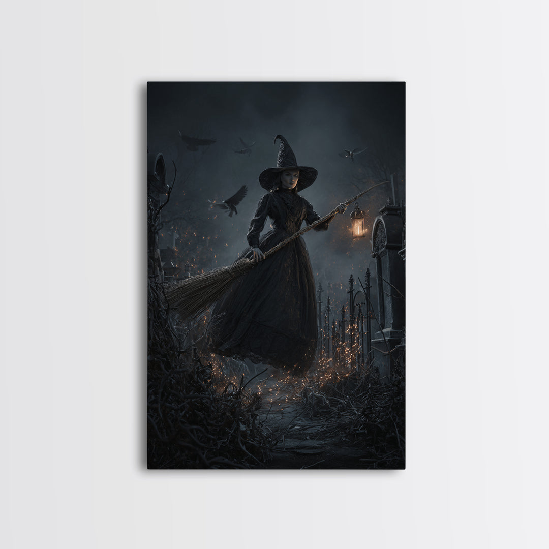 The Witch'S Broom, Vertical Wall Art, Haunted Gothic Art, Framed Canvas Print, Halloween Wall Decor, Gothic Home Decor, Spooky Wall Decor