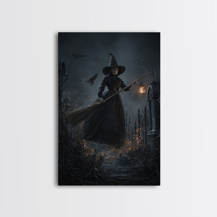 The Witch'S Broom, Vertical Wall Art, Haunted Gothic Art, Framed Canvas Print, Halloween Wall Decor, Gothic Home Decor, Spooky Wall Decor