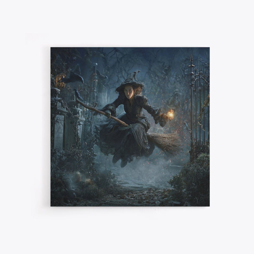 The Witch'S Broom, Square Wall Art, Dark Halloween Decor, Canvas Print, Halloween Wall Decor, Gothic Home Decor, Seasonal Home Decor