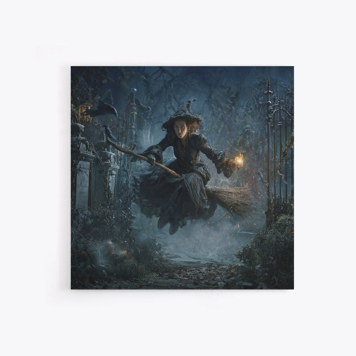 The Witch'S Broom, Square Wall Art, Dark Halloween Decor, Canvas Print, Halloween Wall Decor, Gothic Home Decor, Seasonal Home Decor