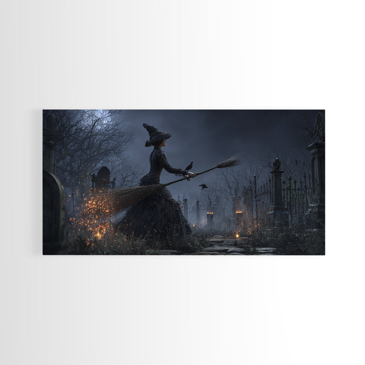 The Witch'S Broom, Wide Panoramic Art, Gothic Horror Wall Art, Framed Canvas Print, Halloween Wall Decor, Gothic Home Decor, Halloween Decor