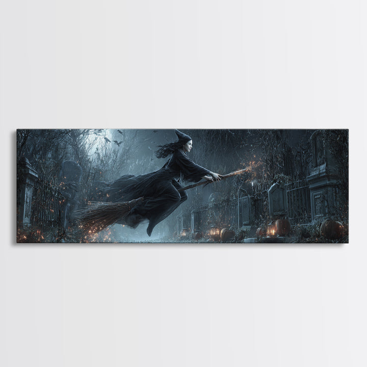 The Witch'S Broom, Extra Wide Wall Art, Dark Halloween Decor, Canvas Print, Halloween Wall Decor, Gothic Home Decor, Halloween Wall Art