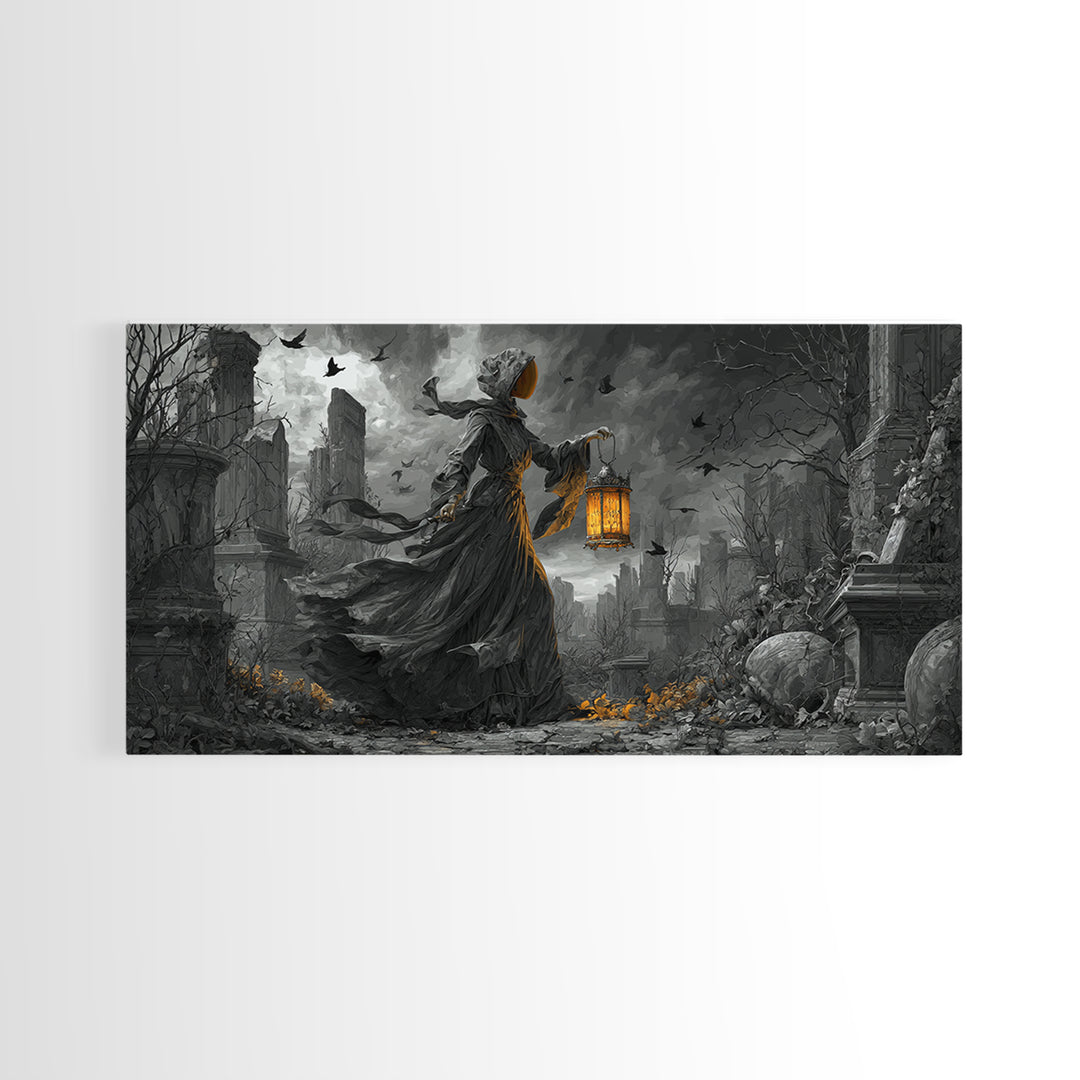 The Bone-Handled Lantern, Wide Panoramic Art, Spooky Home Decor, Canvas Print, Halloween Wall Decor, Gothic Home Decor, Dark Fantasy Art