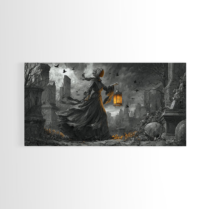 The Bone-Handled Lantern, Wide Panoramic Art, Spooky Home Decor, Canvas Print, Halloween Wall Decor, Gothic Home Decor, Dark Fantasy Art