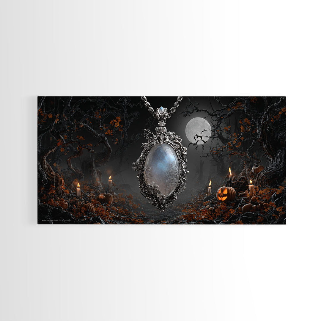The Moonstone Amulet, Wide Panoramic Art, Dark Halloween Decor, Canvas Print, Halloween Wall Decor, Gothic Home Decor, Horror Wall Art