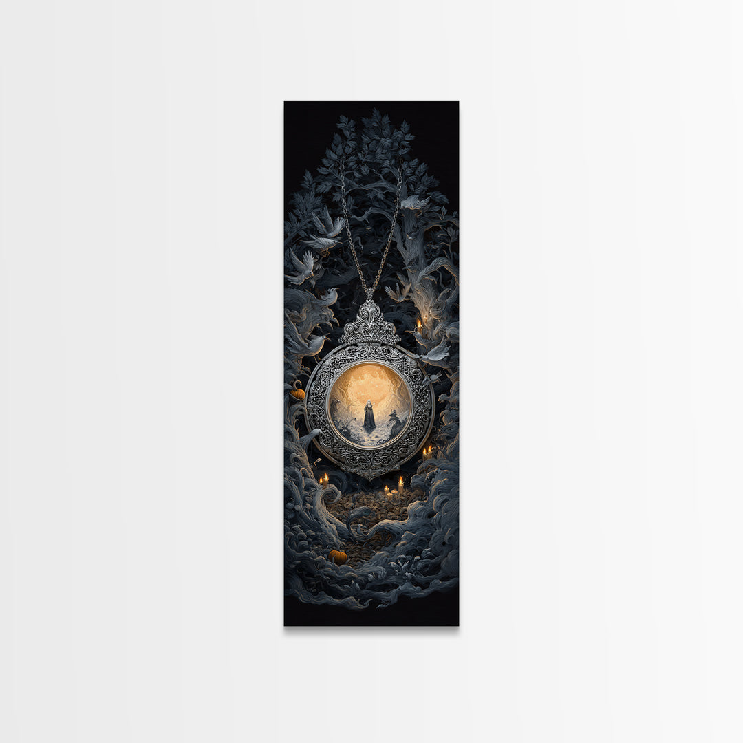 The Moonstone Amulet, Tall Narrow Wall Art, Macabre Wall Art, Framed Canvas Print, Halloween Wall Decor, Gothic Home Decor, Halloween Decor