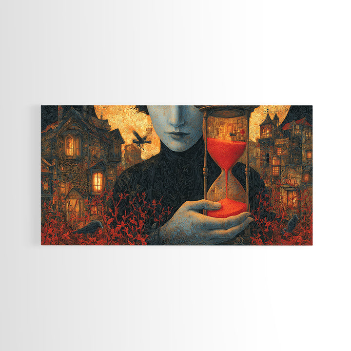 The Crimson Hourglass, Wide Panoramic Art, Macabre Wall Art, Framed Canvas Print, Halloween Wall Decor, Gothic Home Decor, Halloween Decor