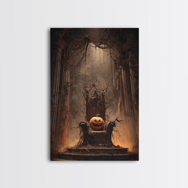 The Jack-O'-Lantern Throne, Vertical Wall Art, Gothic Horror Wall Art, Framed Canvas Print, Halloween Wall Decor, Gothic Home Decor