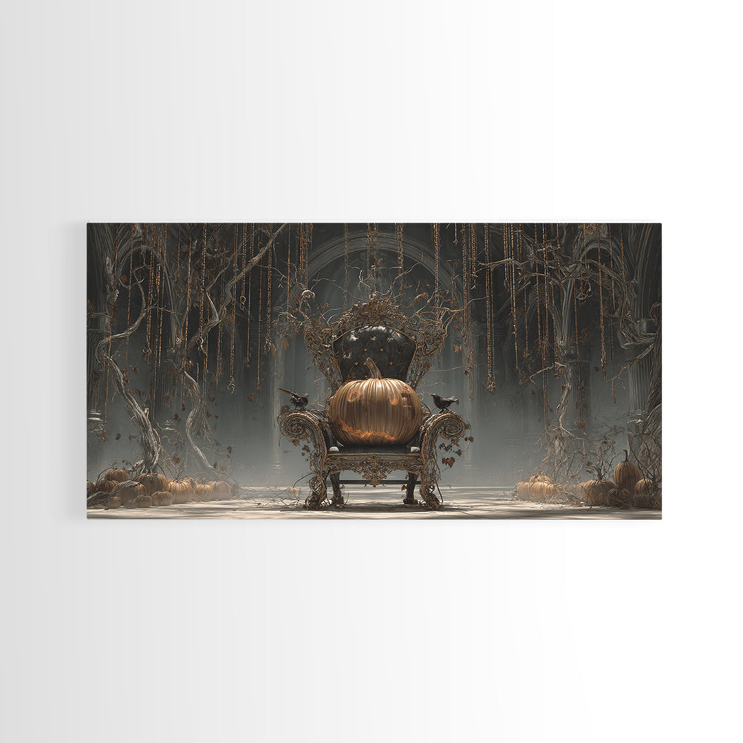The Jack-O'-Lantern Throne, Wide Panoramic Art, Macabre Wall Art, Framed Canvas Print, Halloween Wall Decor, Gothic Home Decor