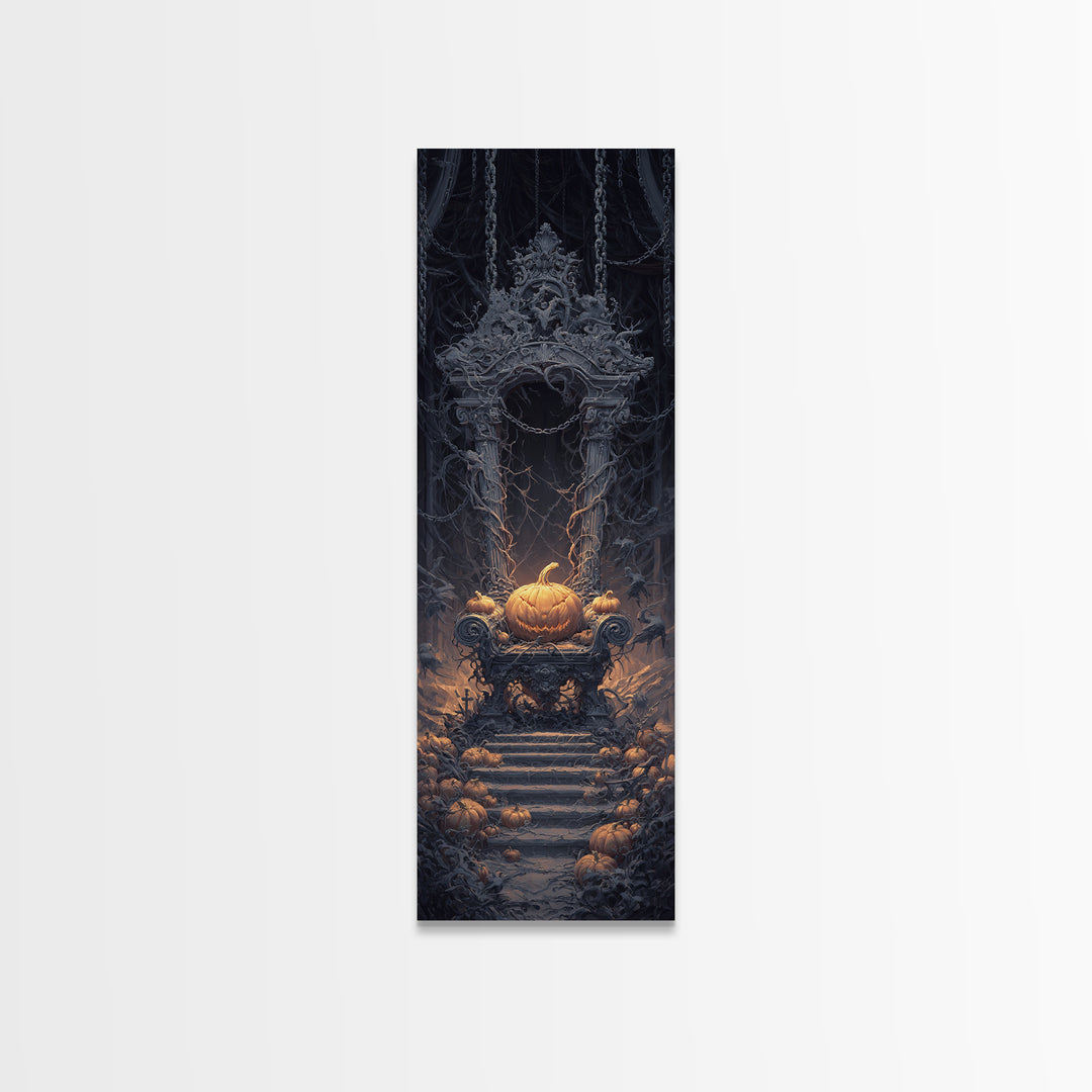The Jack-O'-Lantern Throne, Tall Narrow Wall Art, Spooky Home Decor, Canvas Print, Halloween Wall Decor, Gothic Home Decor
