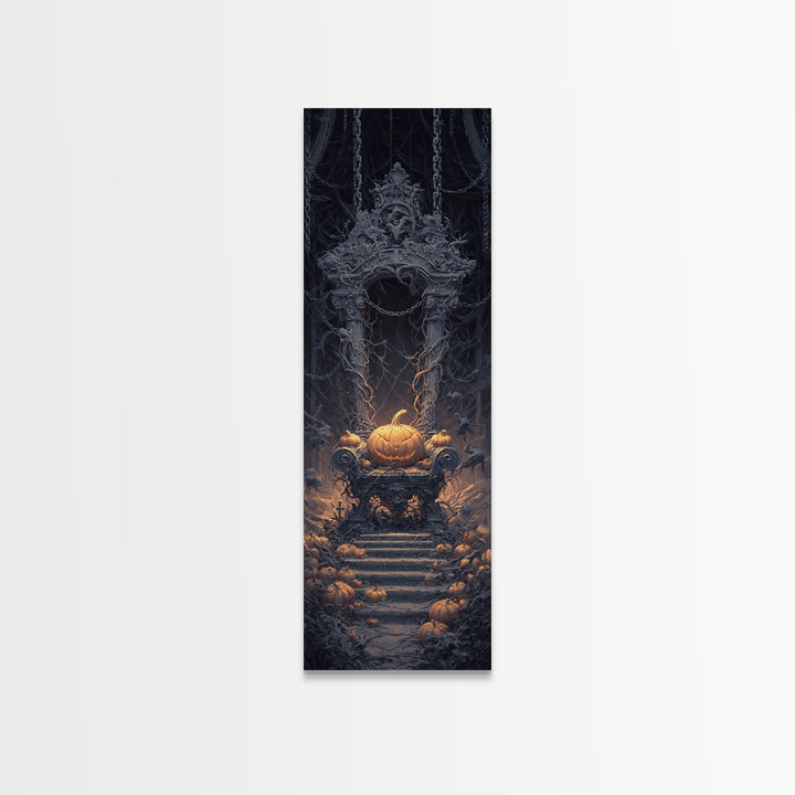 The Jack-O'-Lantern Throne, Tall Narrow Wall Art, Spooky Home Decor, Canvas Print, Halloween Wall Decor, Gothic Home Decor
