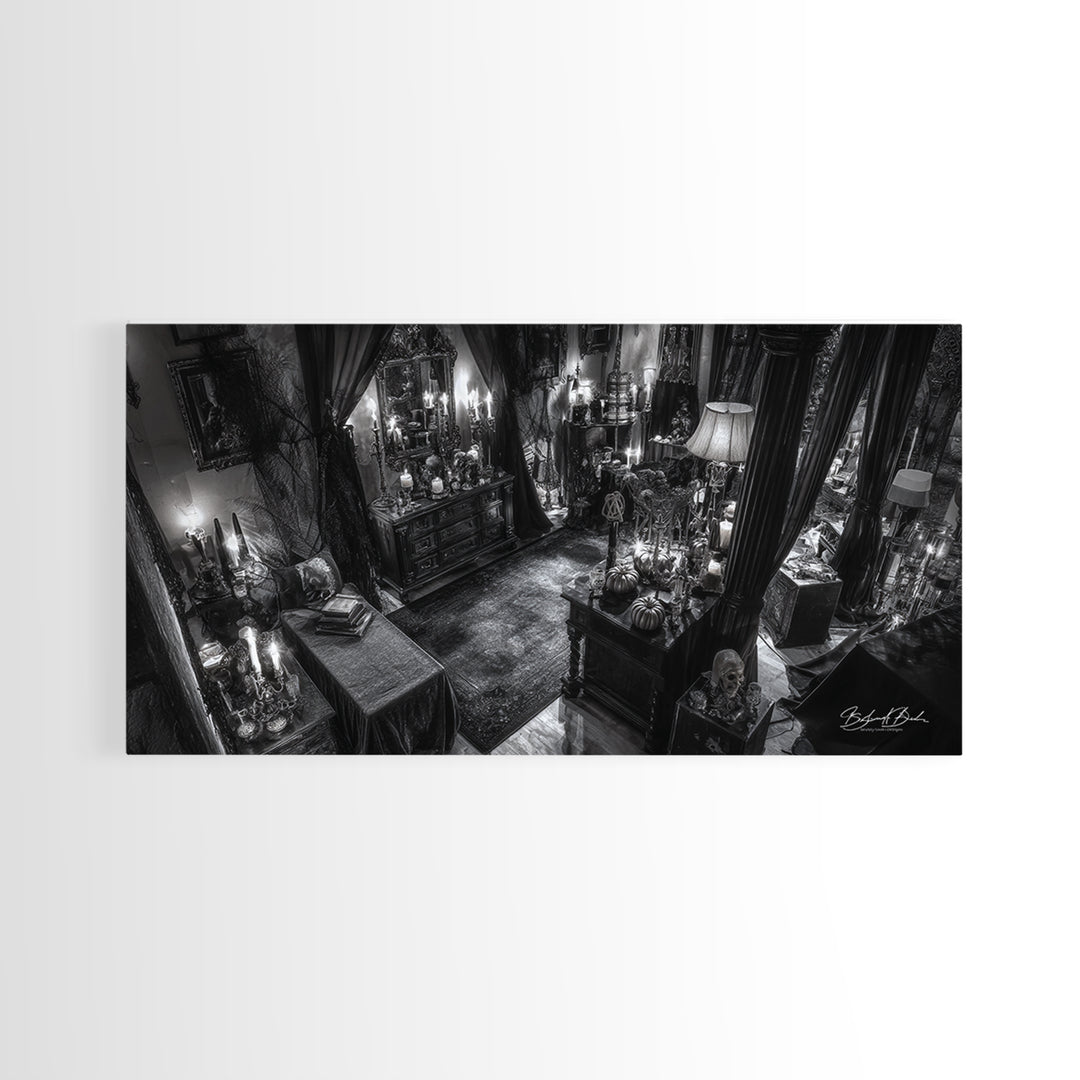Monochrome Gothic Halloween, Wide Panoramic Art, Macabre Wall Art, Framed Canvas Print, Halloween Wall Decor, Gothic Home Decor