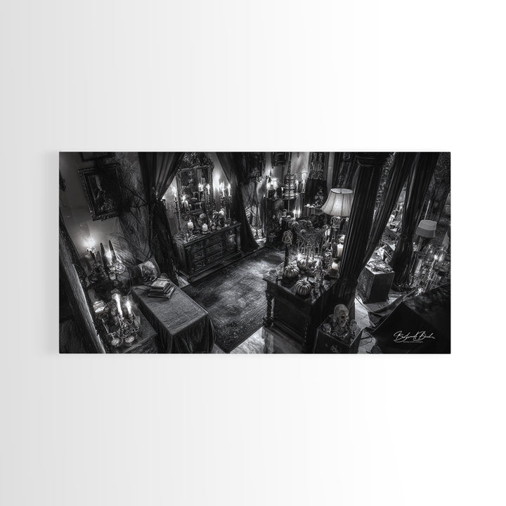 Monochrome Gothic Halloween, Wide Panoramic Art, Macabre Wall Art, Framed Canvas Print, Halloween Wall Decor, Gothic Home Decor