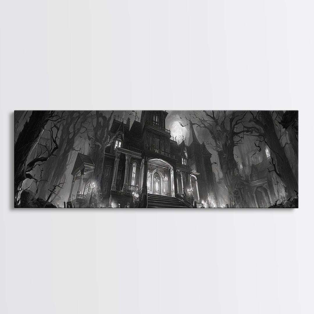 Monochrome Gothic Halloween, Extra Wide Wall Art, Spooky Home Decor, Canvas Print, Halloween Wall Decor, Gothic Home Decor, Dark Fantasy Art
