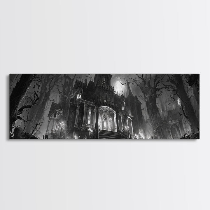Monochrome Gothic Halloween, Extra Wide Wall Art, Spooky Home Decor, Canvas Print, Halloween Wall Decor, Gothic Home Decor, Dark Fantasy Art