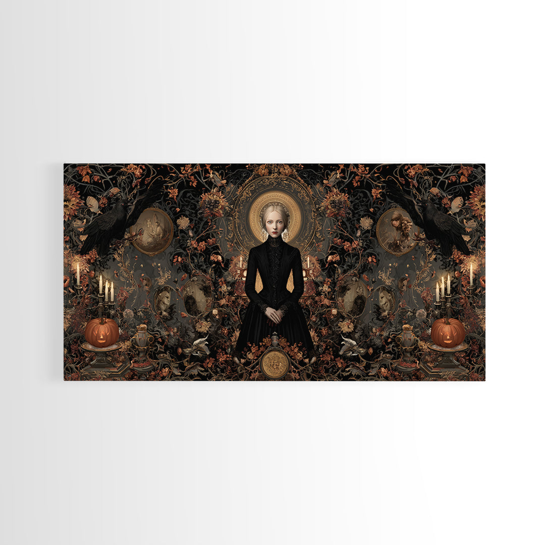 Victorian Mourning Halloween, Wide Panoramic Art, Haunted Gothic Art, Framed Canvas Print, Halloween Wall Decor, Gothic Home Decor