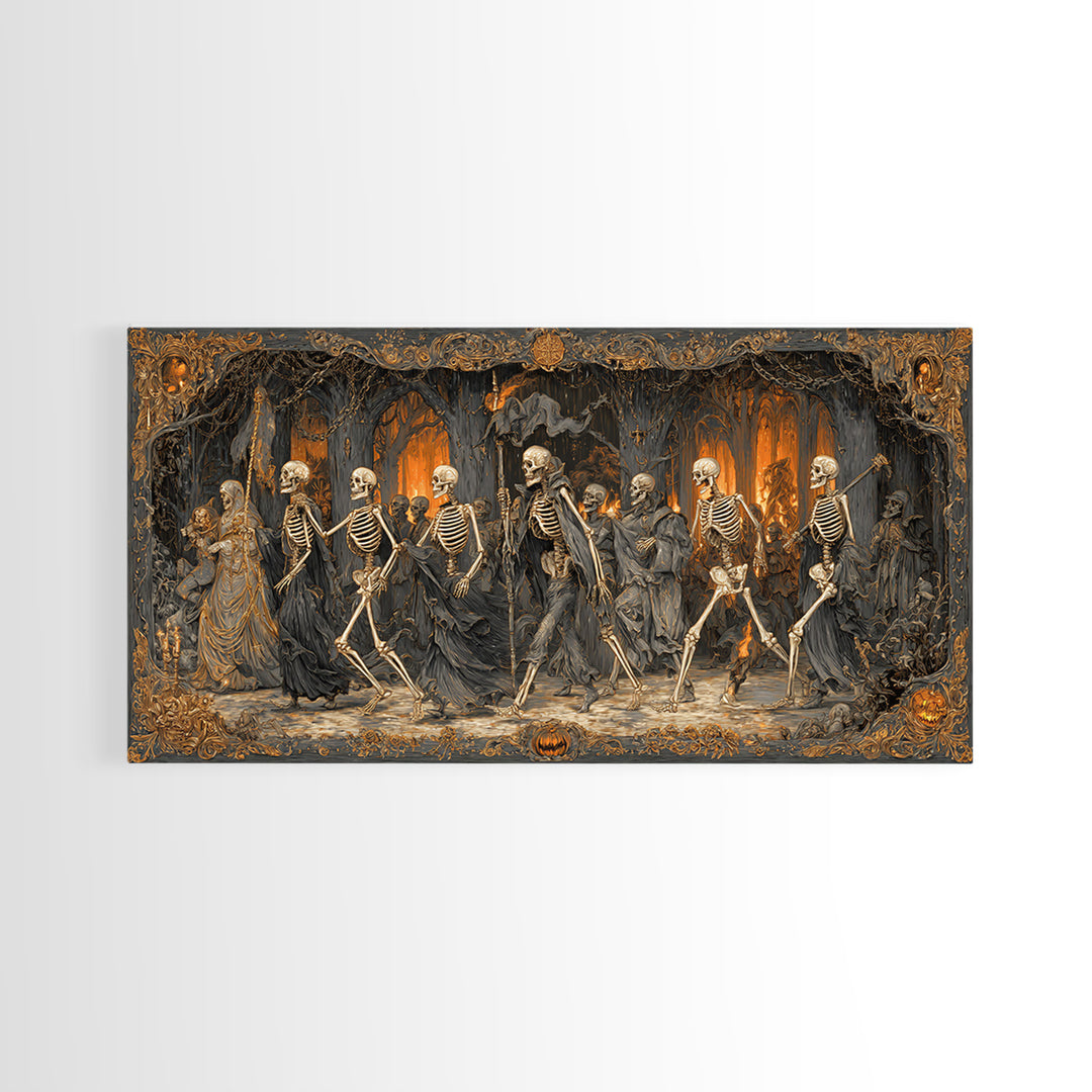 Medieval Danse Macabre, Wide Panoramic Art, Dark Fantasy Wall Art, Canvas Print, Halloween Wall Decor, Gothic Home Decor, Halloween Wall Art