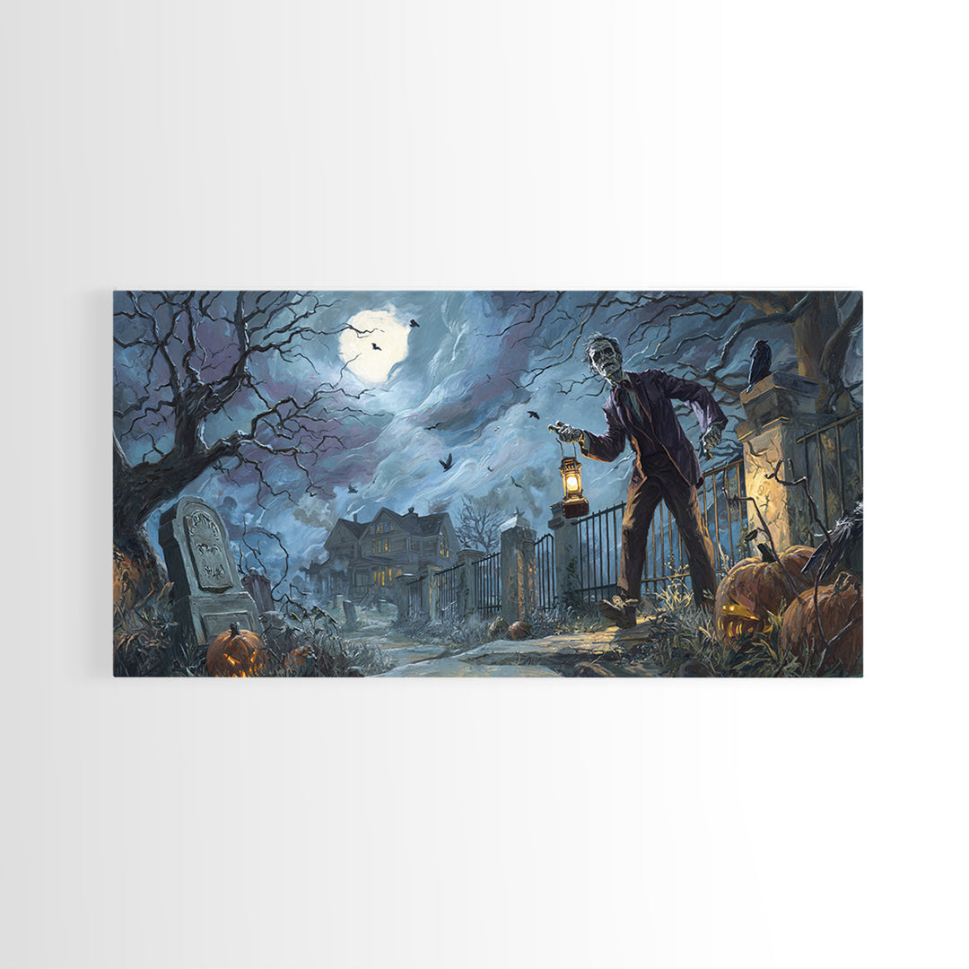 1950s Halloween Nostalgia, Wide Panoramic Art, Dark Fantasy Wall Art, Canvas Print, Halloween Wall Decor, Gothic Home Decor