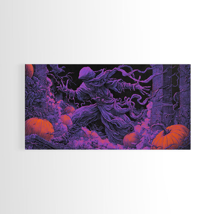 1980s Neon Horror, Wide Panoramic Art, Spooky Home Decor, Canvas Print, Halloween Wall Decor, Gothic Home Decor, Macabre Wall Art