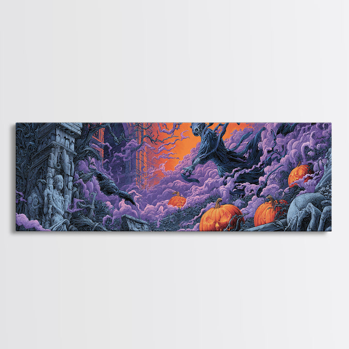 1980s Neon Horror, Extra Wide Wall Art, Dark Fantasy Wall Art, Canvas Print, Halloween Wall Decor, Gothic Home Decor, Macabre Wall Art
