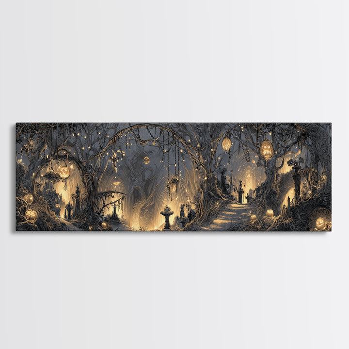 Enchanted Woodland Halloween, Extra Wide Wall Art, Spooky Home Decor, Canvas Print, Halloween Wall Decor, Gothic Home Decor