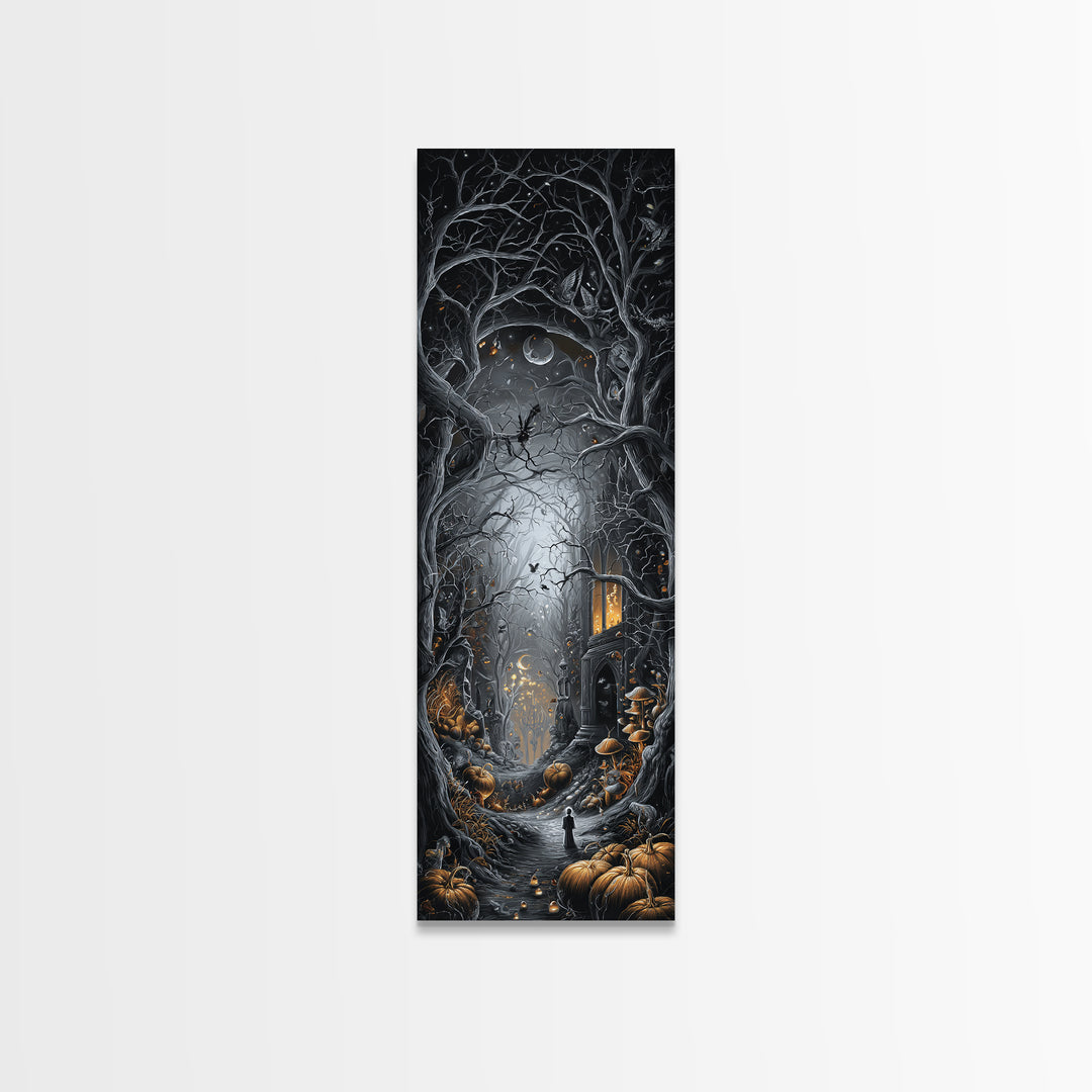 Enchanted Woodland Halloween, Tall Narrow Wall Art, Haunted Gothic Art, Framed Canvas Print, Halloween Wall Decor, Gothic Home Decor