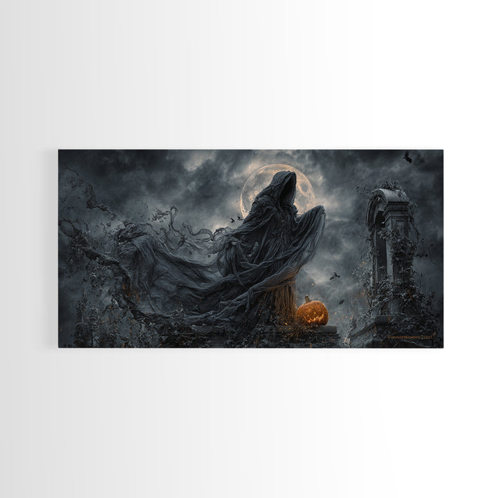 Haunted Seaside Halloween, Wide Panoramic Art, Spooky Home Decor, Canvas Print, Halloween Wall Decor, Gothic Home Decor, Macabre Wall Art