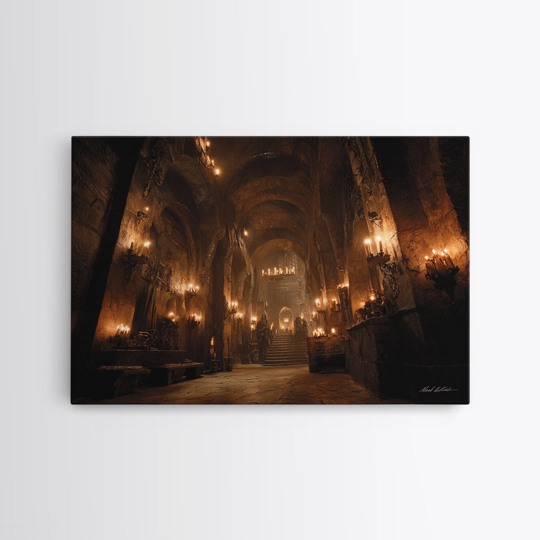 The Candlelit Crypt, Landscape Wall Art, Gothic Horror Wall Art, Framed Canvas Print, Halloween Wall Decor, Gothic Home Decor