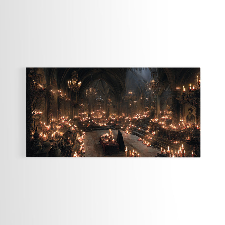The Candlelit Crypt, Wide Panoramic Art, Dark Halloween Decor, Canvas Print, Halloween Wall Decor, Gothic Home Decor, Statement Wall Art