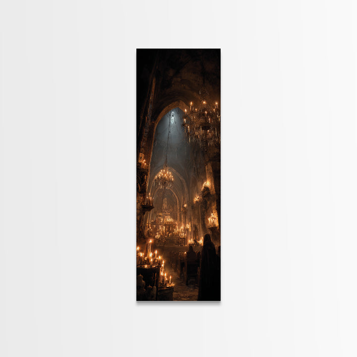 The Candlelit Crypt, Tall Narrow Wall Art, Gothic Horror Wall Art, Framed Canvas Print, Halloween Wall Decor, Gothic Home Decor