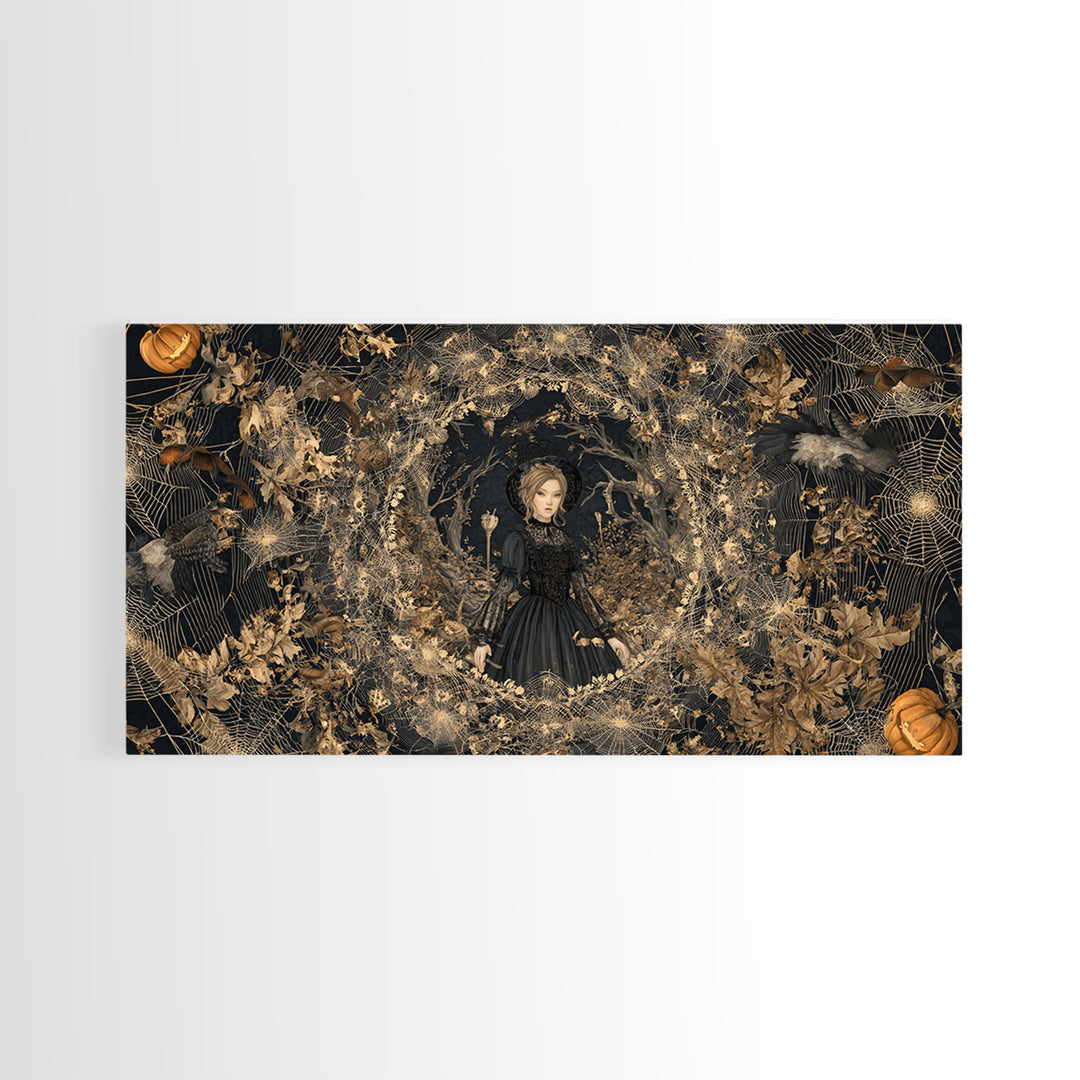 Black Lace And Cobwebs, Wide Panoramic Art, Haunted Gothic Art, Framed Canvas Print, Halloween Wall Decor, Gothic Home Decor