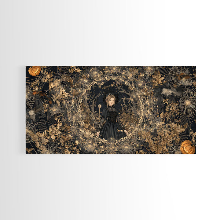 Black Lace And Cobwebs, Wide Panoramic Art, Haunted Gothic Art, Framed Canvas Print, Halloween Wall Decor, Gothic Home Decor