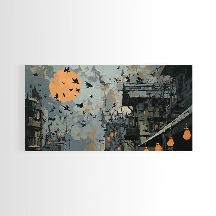 Ravens And Ruins, Wide Panoramic Art, Spooky Home Decor, Canvas Print, Halloween Wall Decor, Gothic Home Decor, Macabre Wall Art