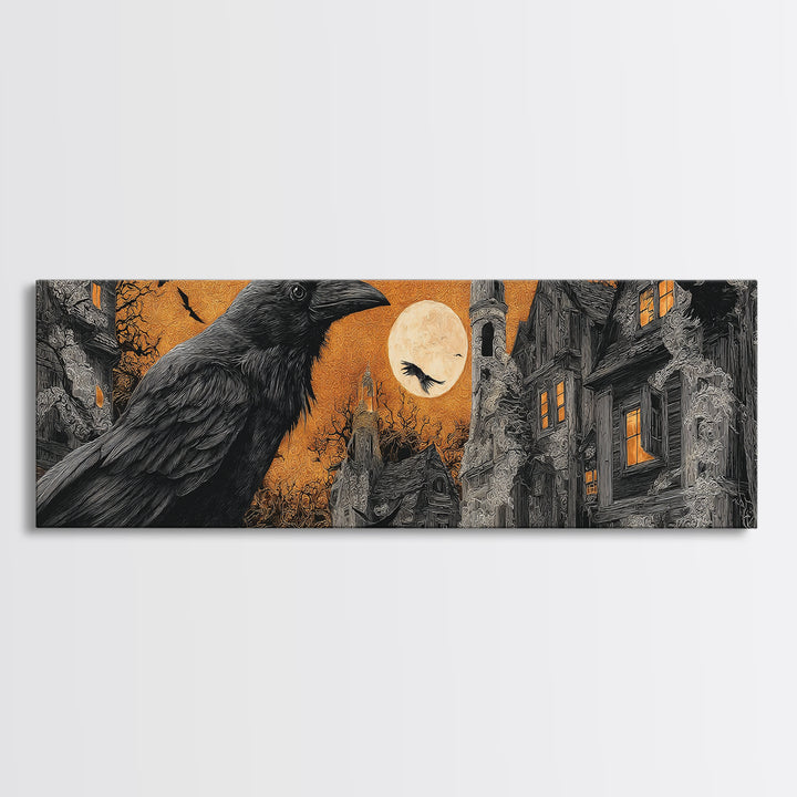 Ravens And Ruins, Extra Wide Wall Art, Macabre Wall Art, Framed Canvas Print, Halloween Wall Decor, Gothic Home Decor, Halloween Decor