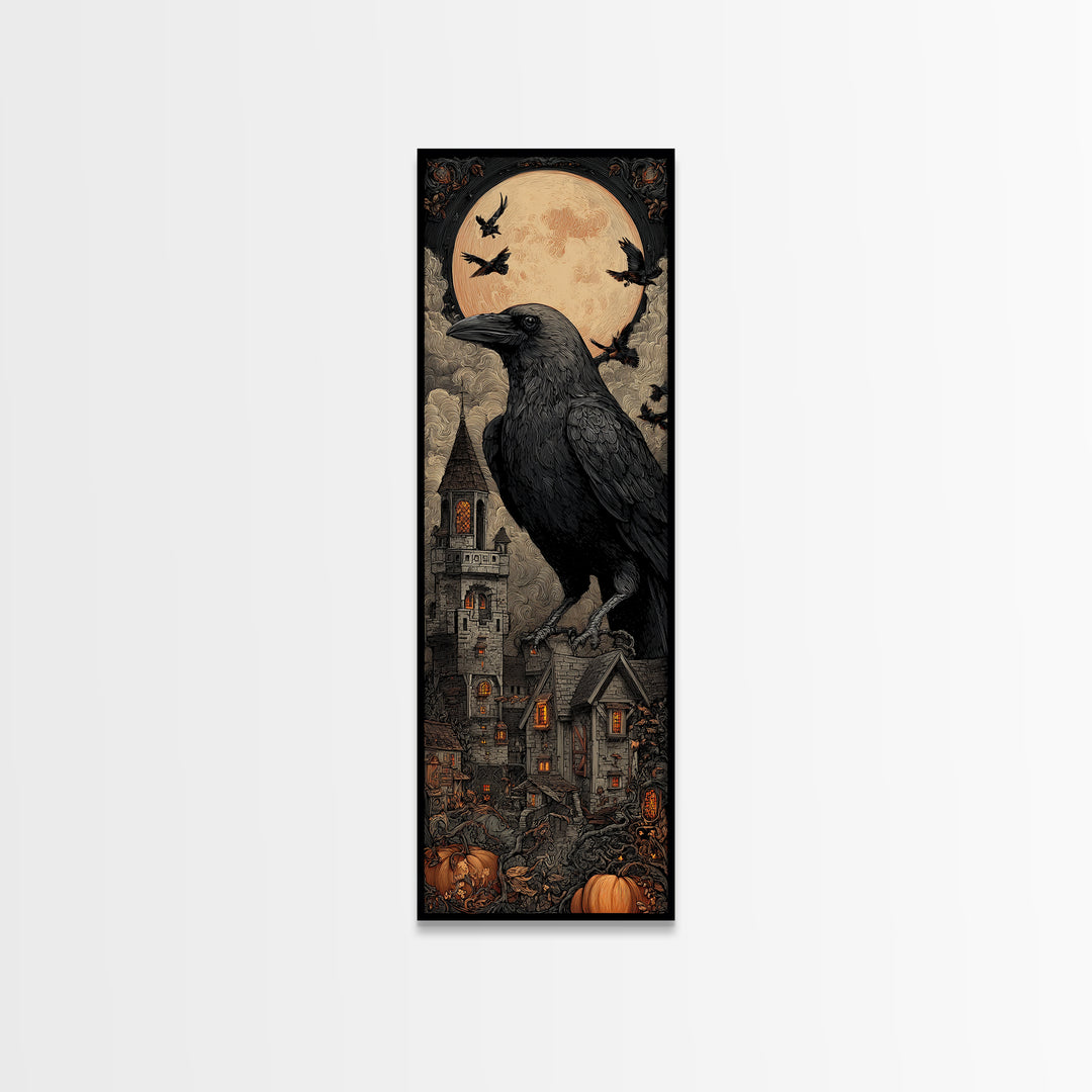 Ravens And Ruins, Tall Narrow Wall Art, Haunted Gothic Art, Framed Canvas Print, Halloween Wall Decor, Gothic Home Decor