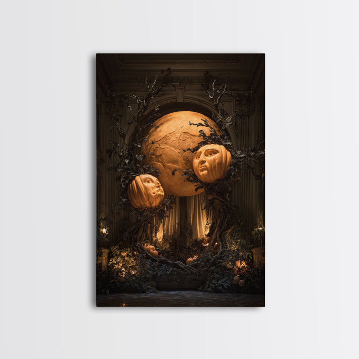 Pumpkins And Moon Phases, Vertical Wall Art, Macabre Wall Art, Framed Canvas Print, Halloween Wall Decor, Gothic Home Decor