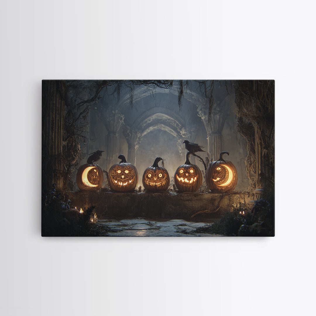 Pumpkins And Moon Phases, Landscape Wall Art, Haunted Gothic Art, Framed Canvas Print, Halloween Wall Decor, Gothic Home Decor