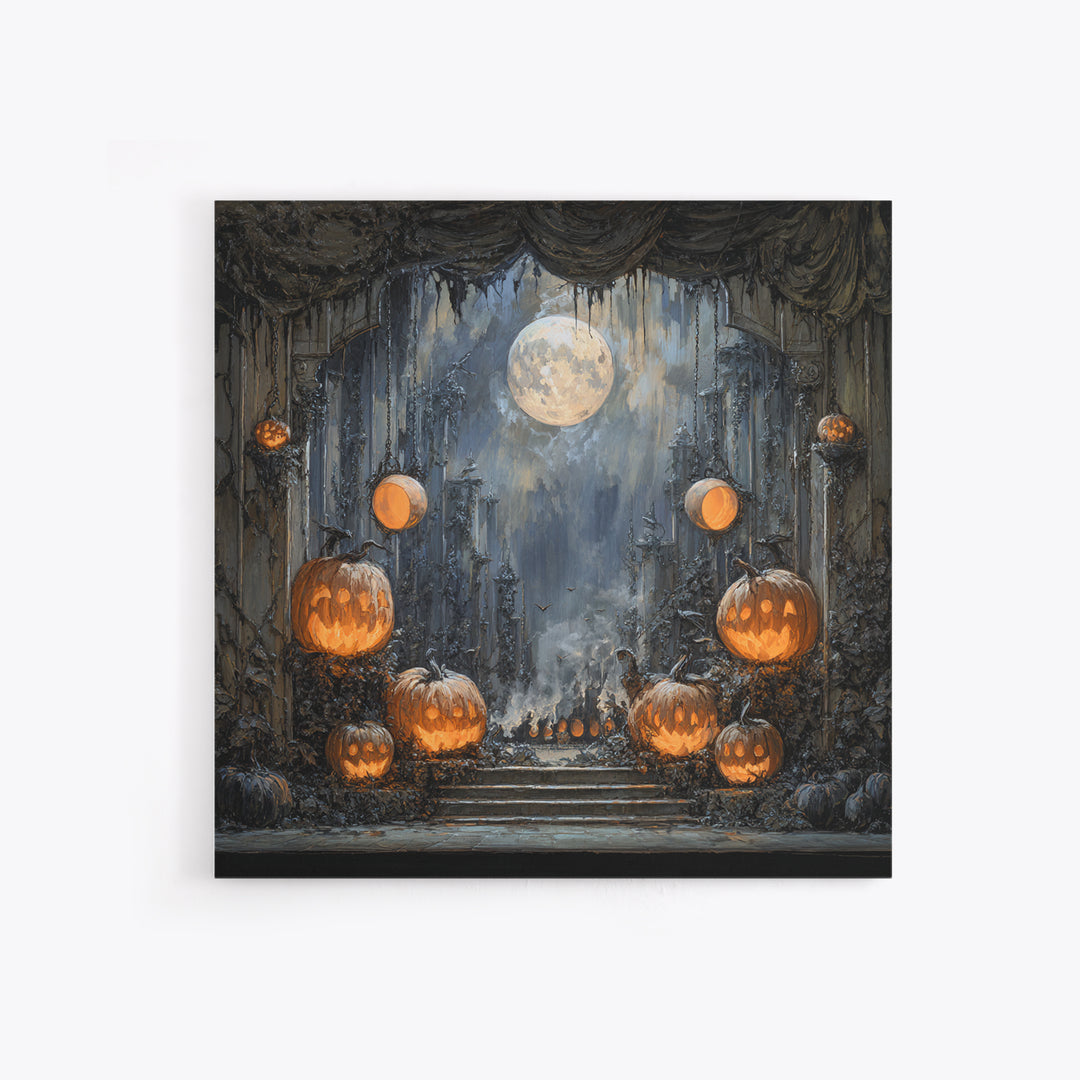 Pumpkins And Moon Phases, Square Wall Art, Dark Fantasy Wall Art, Canvas Print, Halloween Wall Decor, Gothic Home Decor