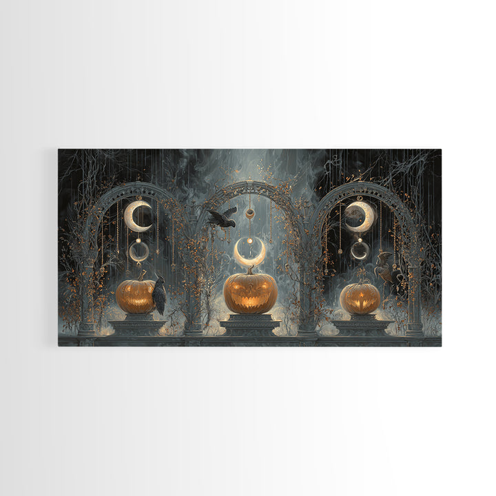 Pumpkins And Moon Phases, Wide Panoramic Art, Dark Halloween Decor, Canvas Print, Halloween Wall Decor, Gothic Home Decor, Horror Wall Art