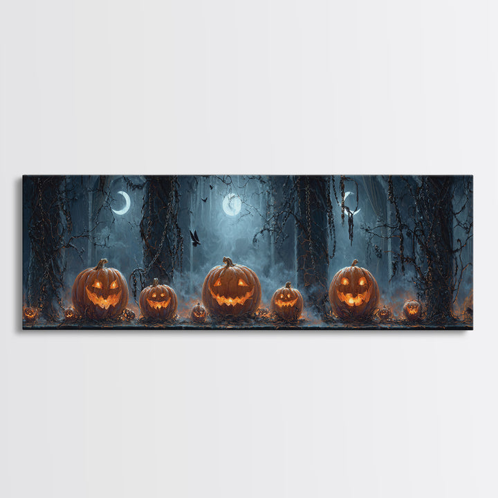 Pumpkins And Moon Phases, Extra Wide Wall Art, Macabre Wall Art, Framed Canvas Print, Halloween Wall Decor, Gothic Home Decor