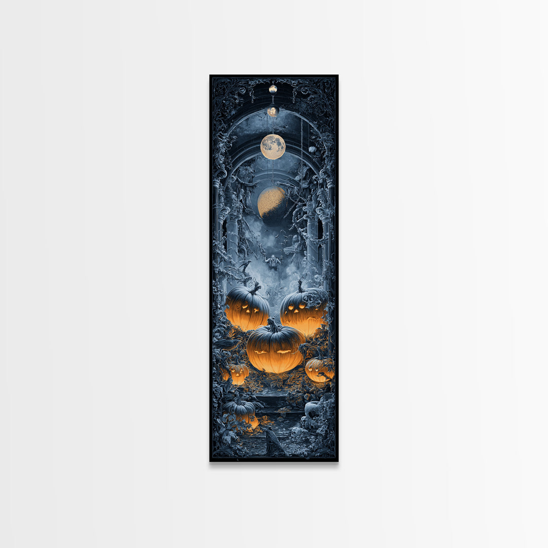 Pumpkins And Moon Phases, Tall Narrow Wall Art, Haunted Gothic Art, Framed Canvas Print, Halloween Wall Decor, Gothic Home Decor