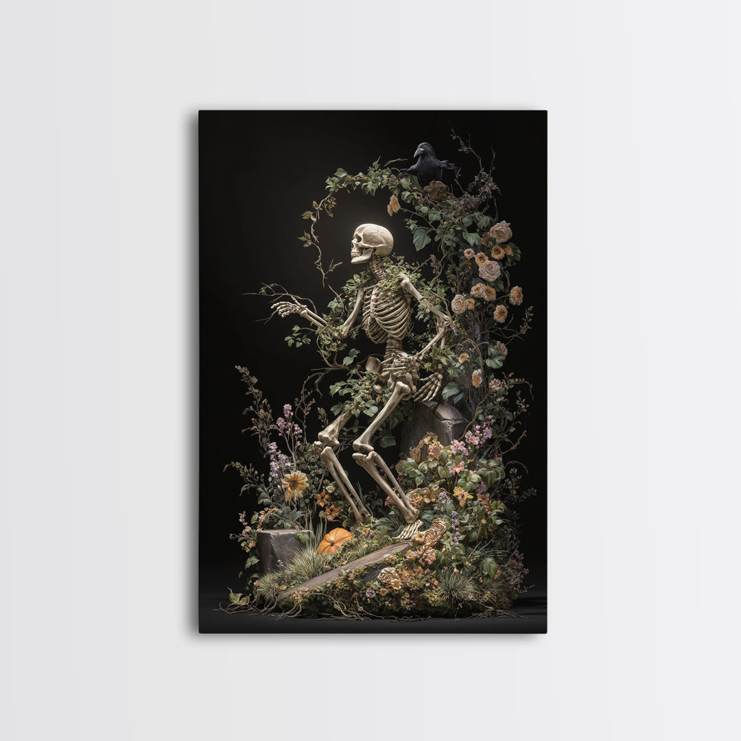 Skeletal Botanicals, Vertical Wall Art, Gothic Horror Wall Art, Framed Canvas Print, Halloween Wall Decor, Gothic Home Decor