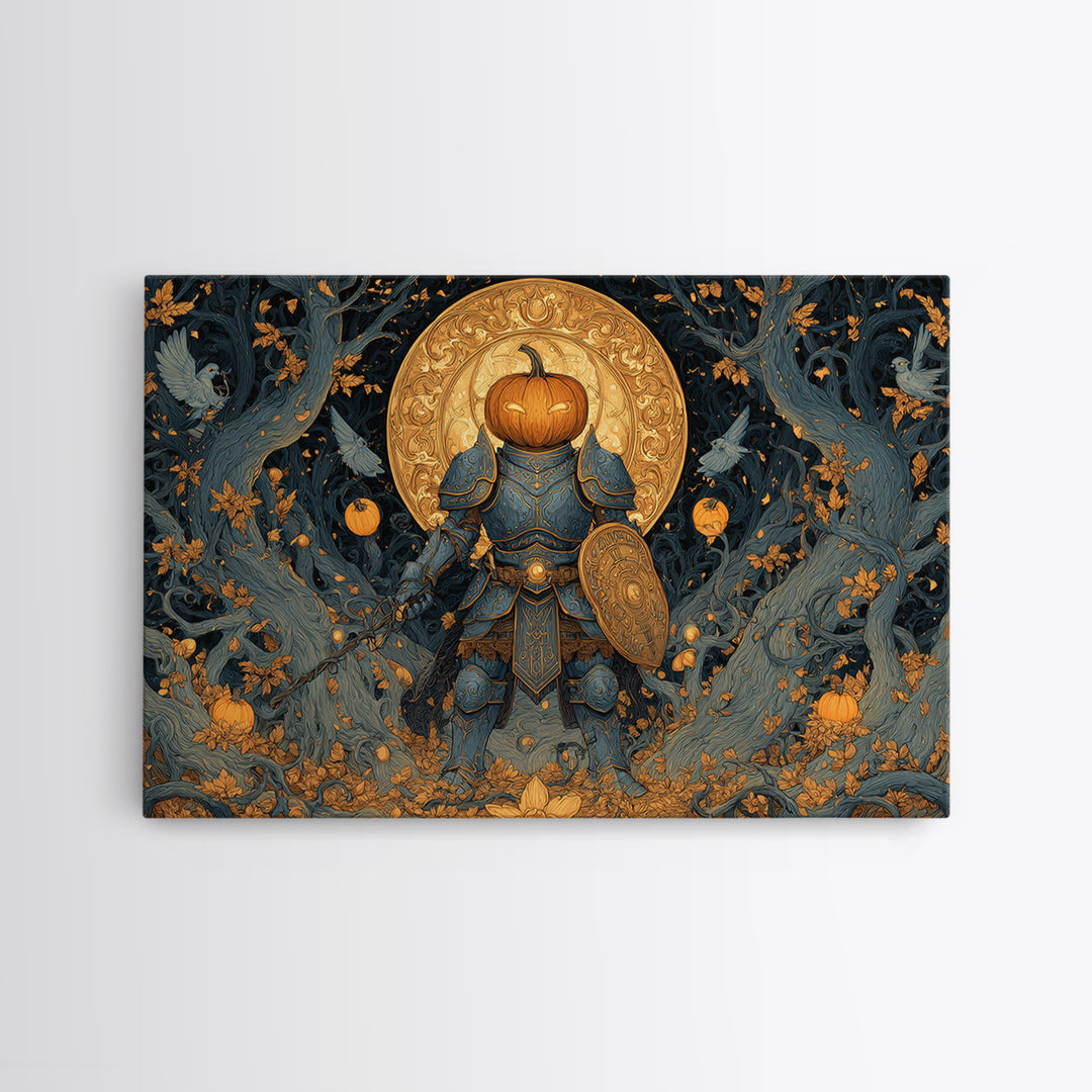 The Pumpkin Paladin, Landscape Wall Art, Haunted Gothic Art, Framed Canvas Print, Halloween Wall Decor, Gothic Home Decor
