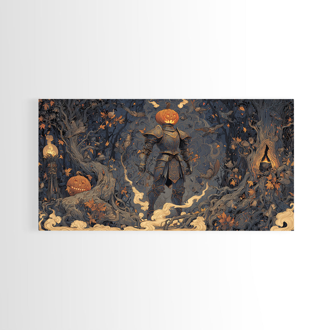 The Pumpkin Paladin, Wide Panoramic Art, Haunted Gothic Art, Framed Canvas Print, Halloween Wall Decor, Gothic Home Decor, Dark Fantasy Art