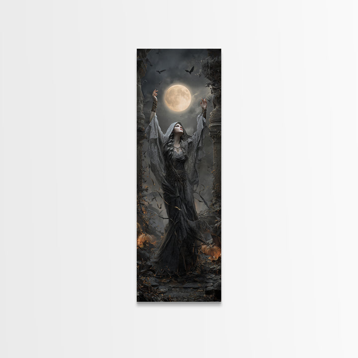 The Moon Priestess, Tall Narrow Wall Art, Gothic Horror Wall Art, Framed Canvas Print, Halloween Wall Decor, Gothic Home Decor