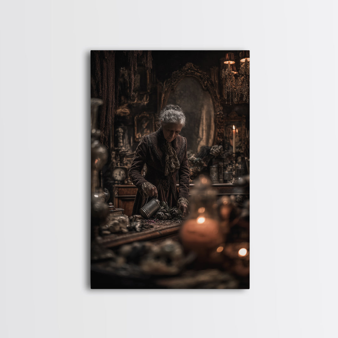 The Graveyard Gardener, Vertical Wall Art, Macabre Wall Art, Framed Canvas Print, Halloween Wall Decor, Gothic Home Decor, Spooky Wall Decor