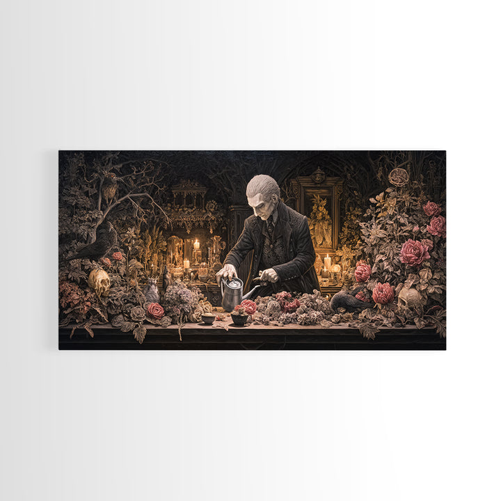 The Graveyard Gardener, Wide Panoramic Art, Gothic Horror Wall Art, Framed Canvas Print, Halloween Wall Decor, Gothic Home Decor