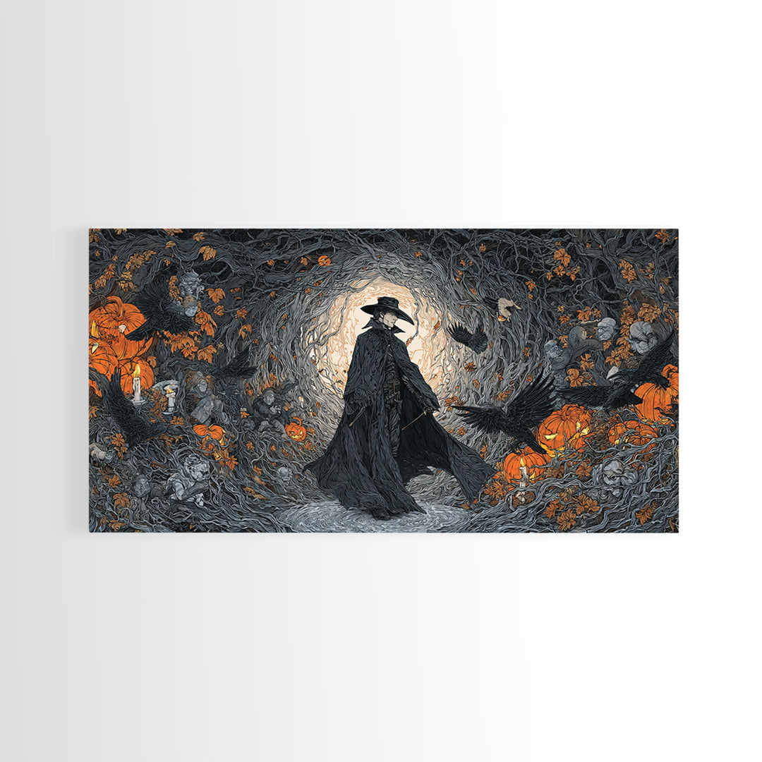 The Crow-Masked Assassin, Wide Panoramic Art, Gothic Horror Wall Art, Framed Canvas Print, Halloween Wall Decor, Gothic Home Decor