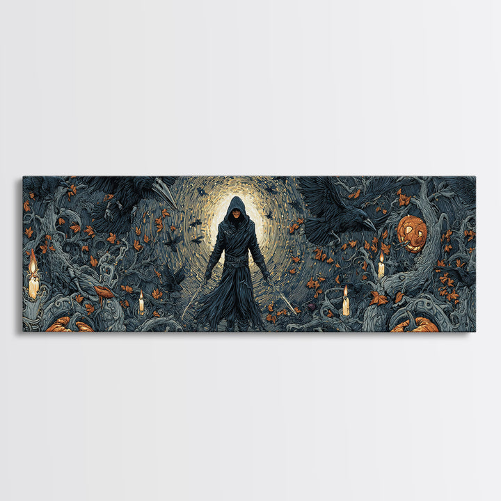 The Crow-Masked Assassin, Extra Wide Wall Art, Macabre Wall Art, Framed Canvas Print, Halloween Wall Decor, Gothic Home Decor