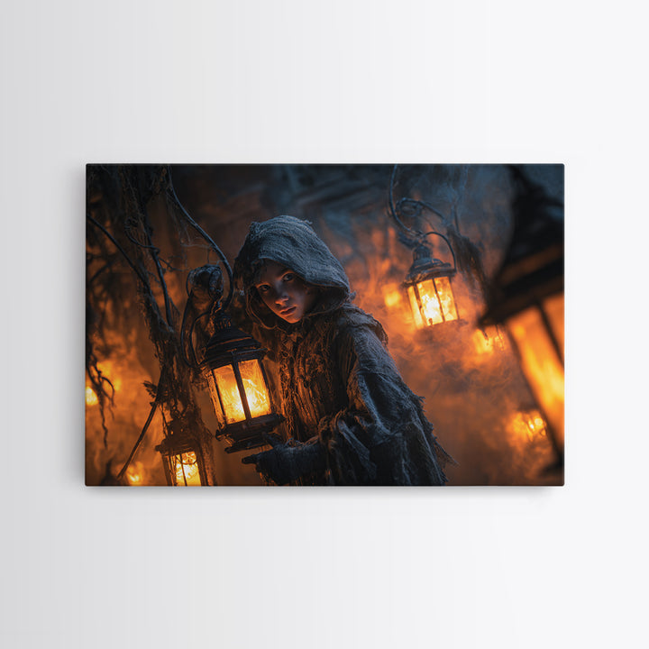 The Lantern Mage, Landscape Wall Art, Macabre Wall Art, Framed Canvas Print, Halloween Wall Decor, Gothic Home Decor, Spooky Wall Decor